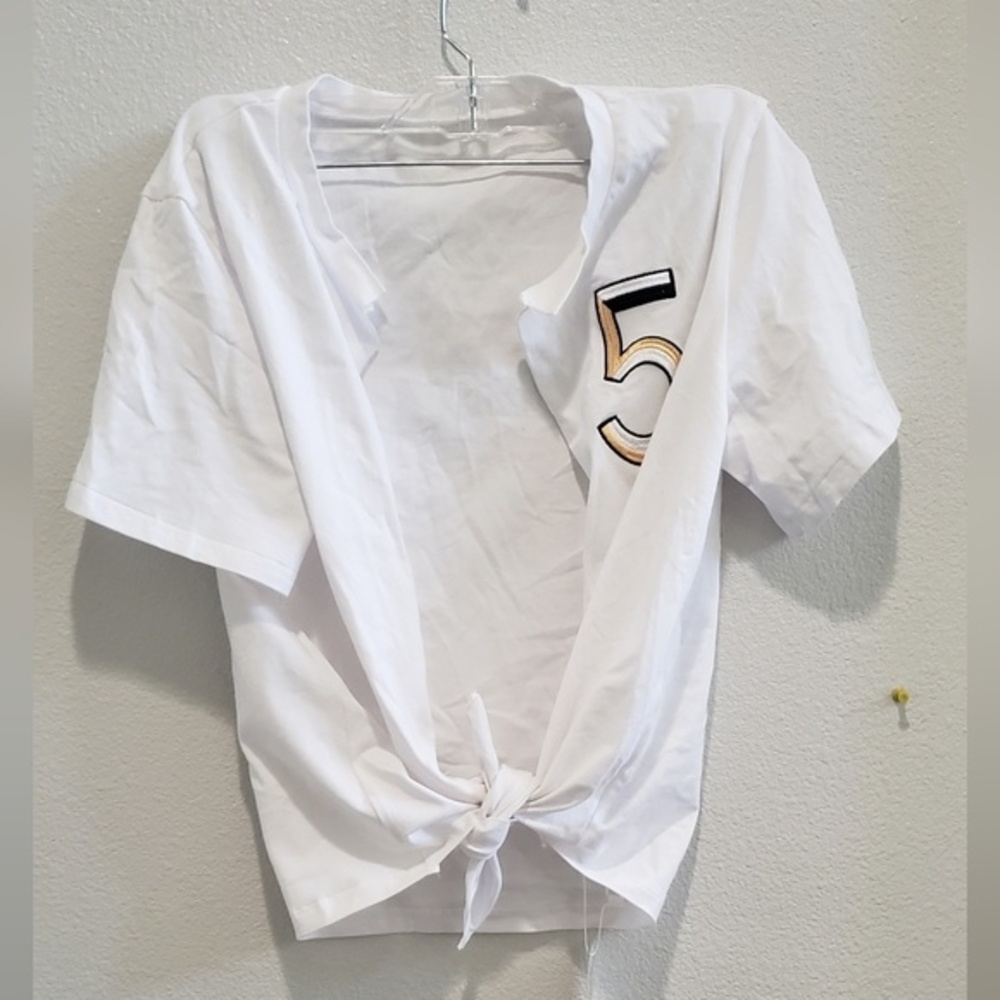 Open front white crop tie front t-shirt, size medium